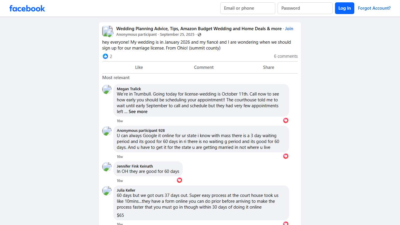 Wedding Planning Advice, Tips, Amazon Budget Wedding and Home Deals & more | hey everyone! My wedding is in January 2026 and my fiancé and I are wondering when we should sign up for our marriage license | Facebook